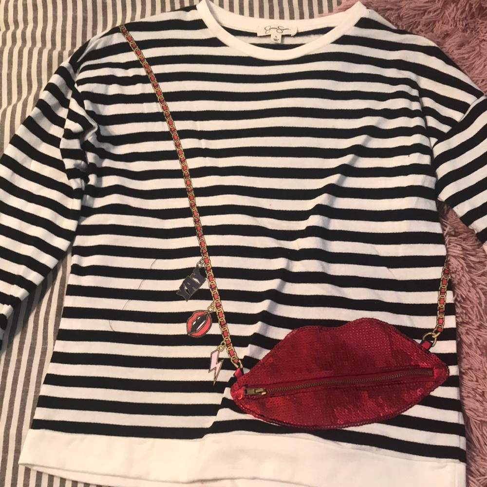 Jessica Simpson Navy blue and White striped Zipper purse Long Sleeve Tee